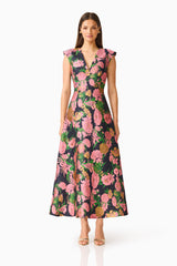 Eclore V-Neck Maxi Dress in Pink & Black Floral