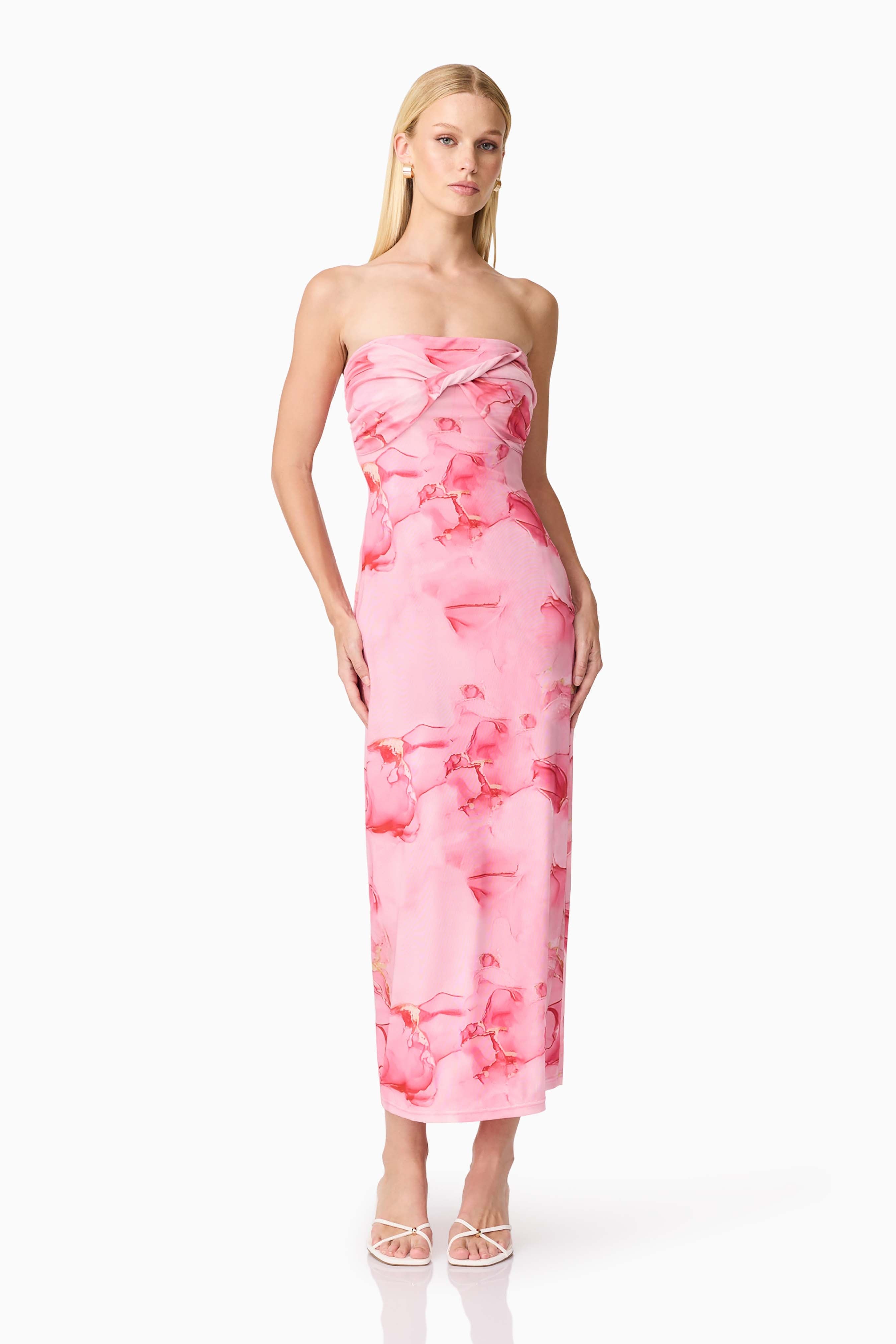 CURAAE Rosalia Strapless Midi Dress in Pink Floral