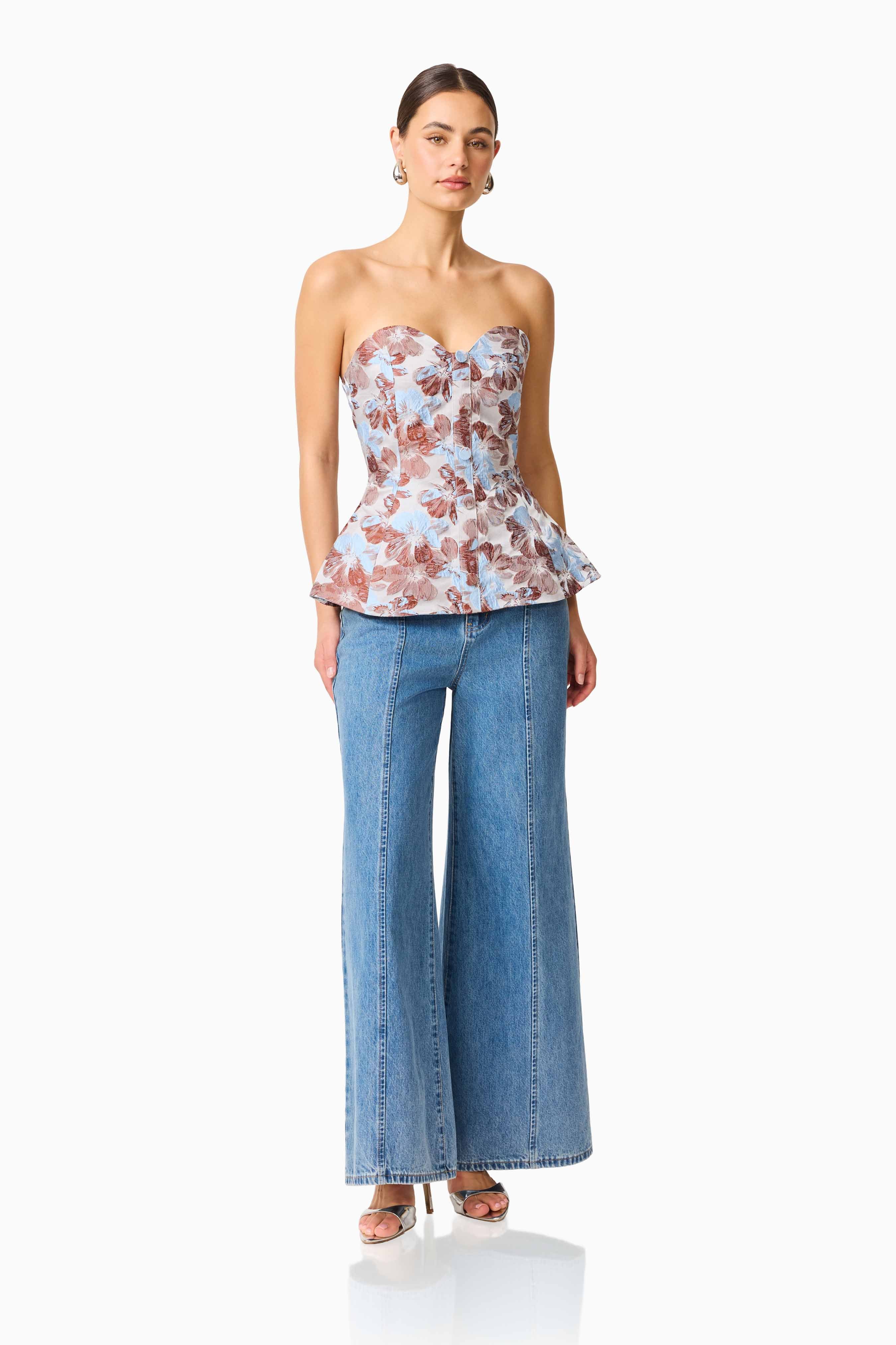 CURAAE Bloomette Strapless Top in Brown and Blue Floral