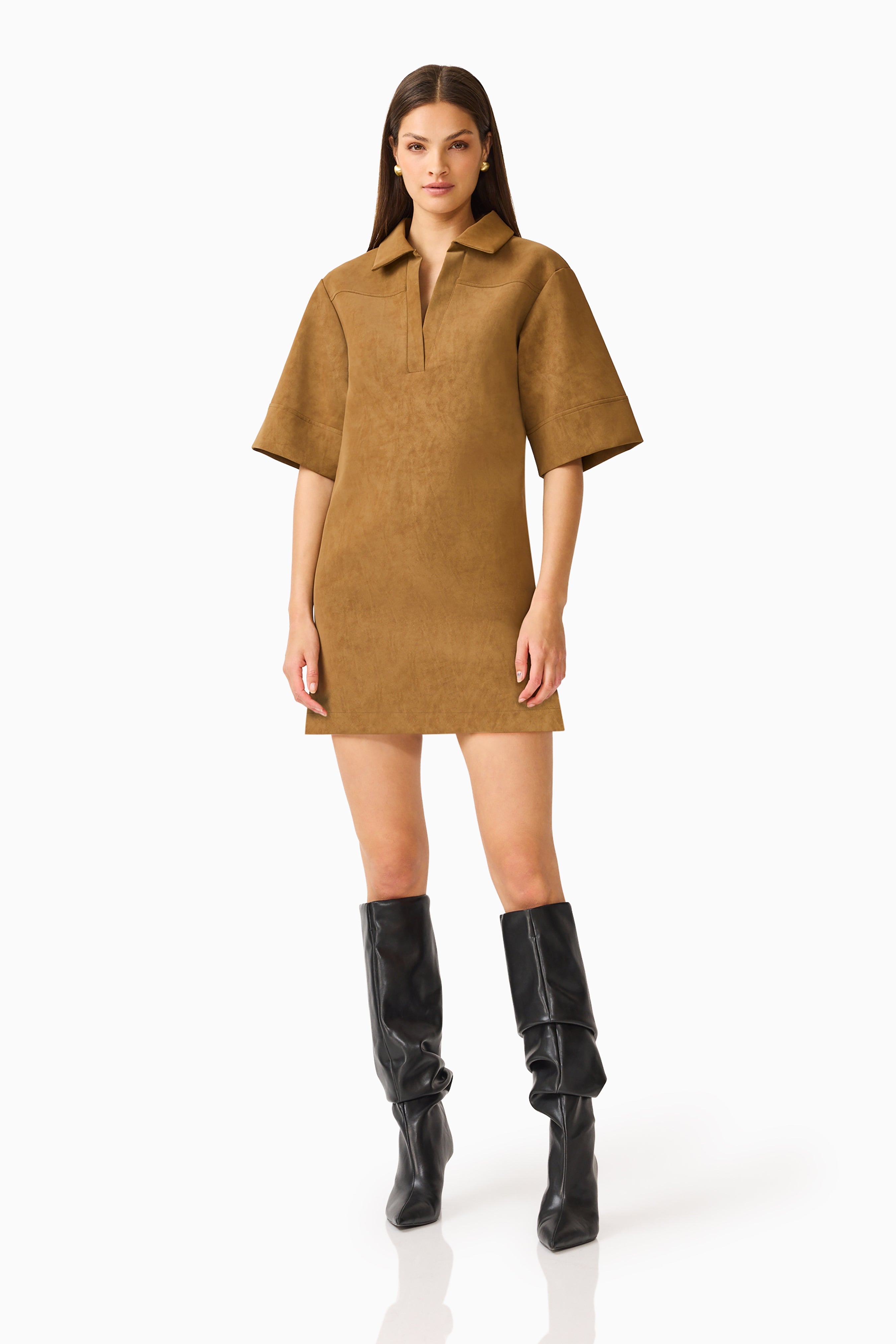 CURAAE Verdure Mini Shirt Dress in Caramel Brown