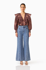 CURAAE Zamira Bell Sleeve Blouse in Brown Multi