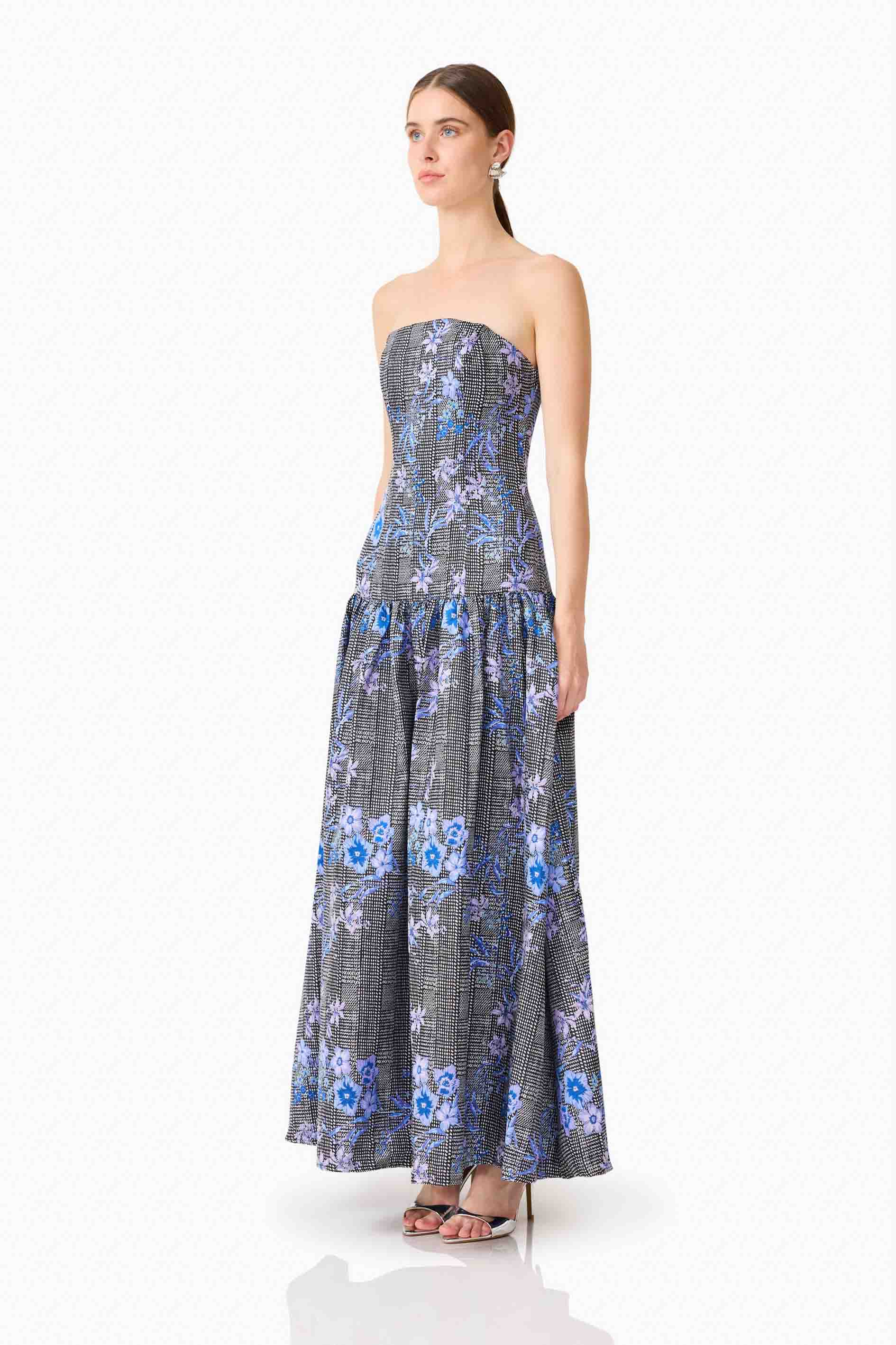 Allana Jacquard Strapless Gown in Black & Blue Floral