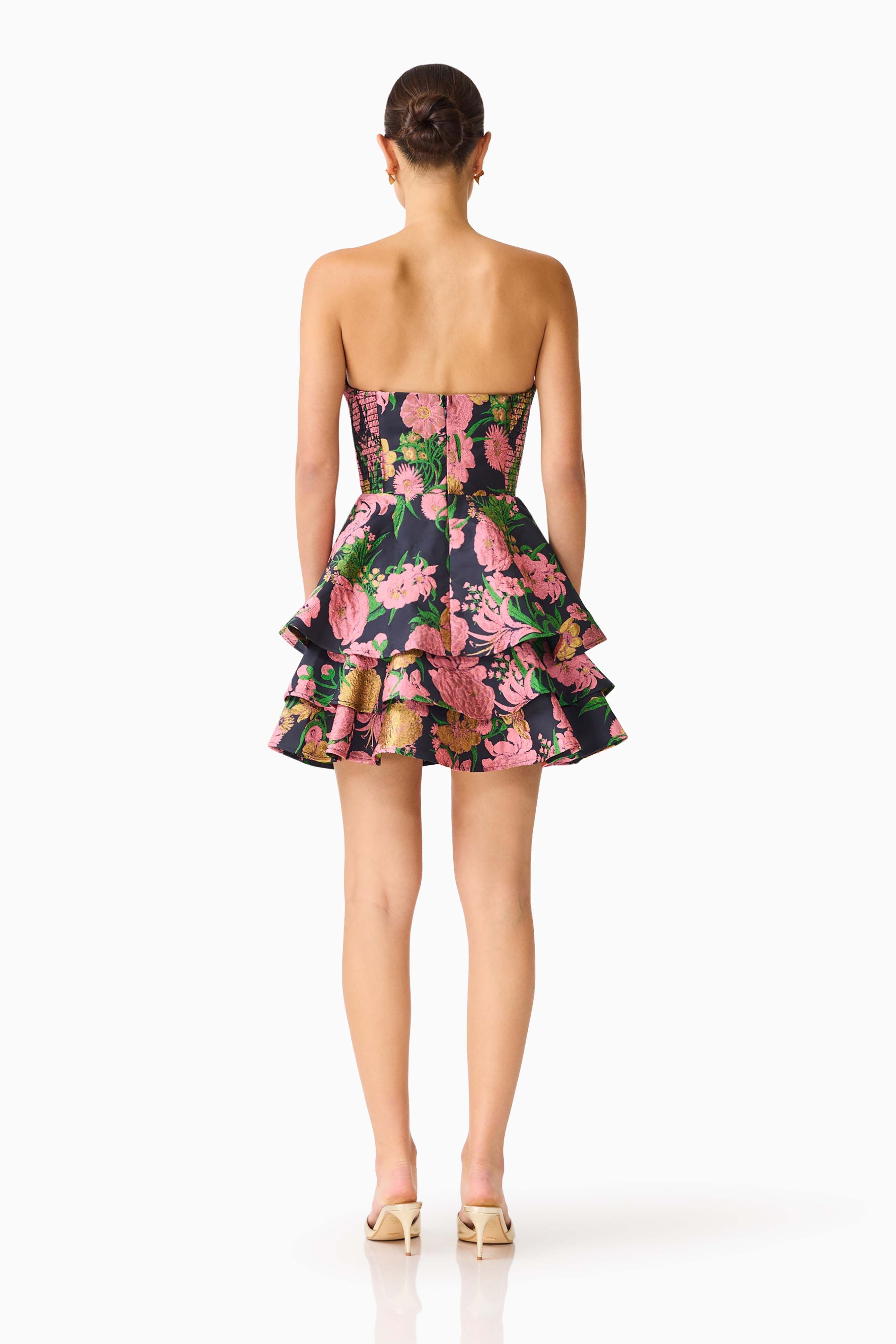 Eclore Tiered Mini Dress in Pink & Black Floral