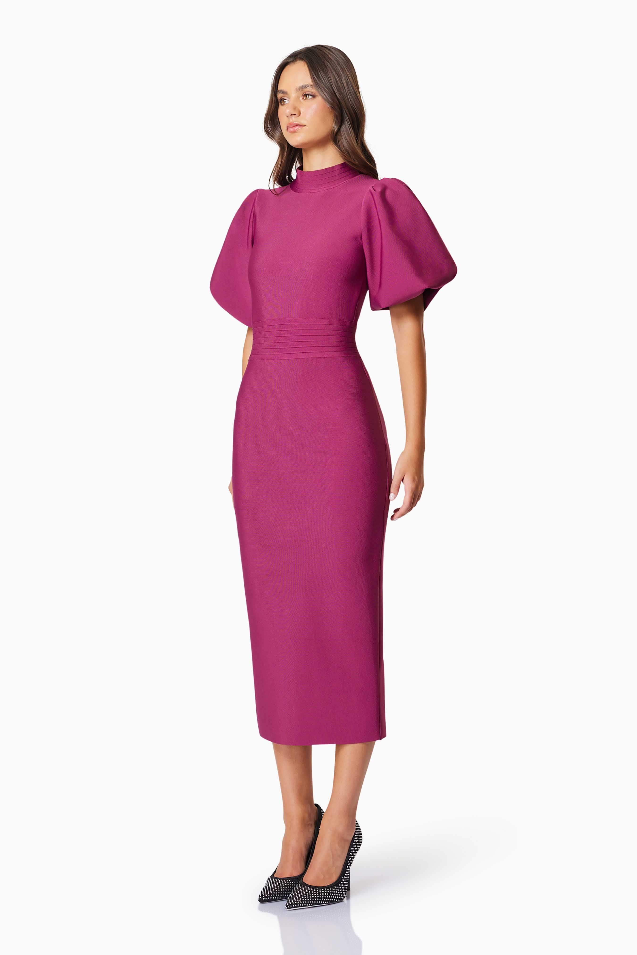 Ella Puff Sleeve Midi Dress In Burgundy