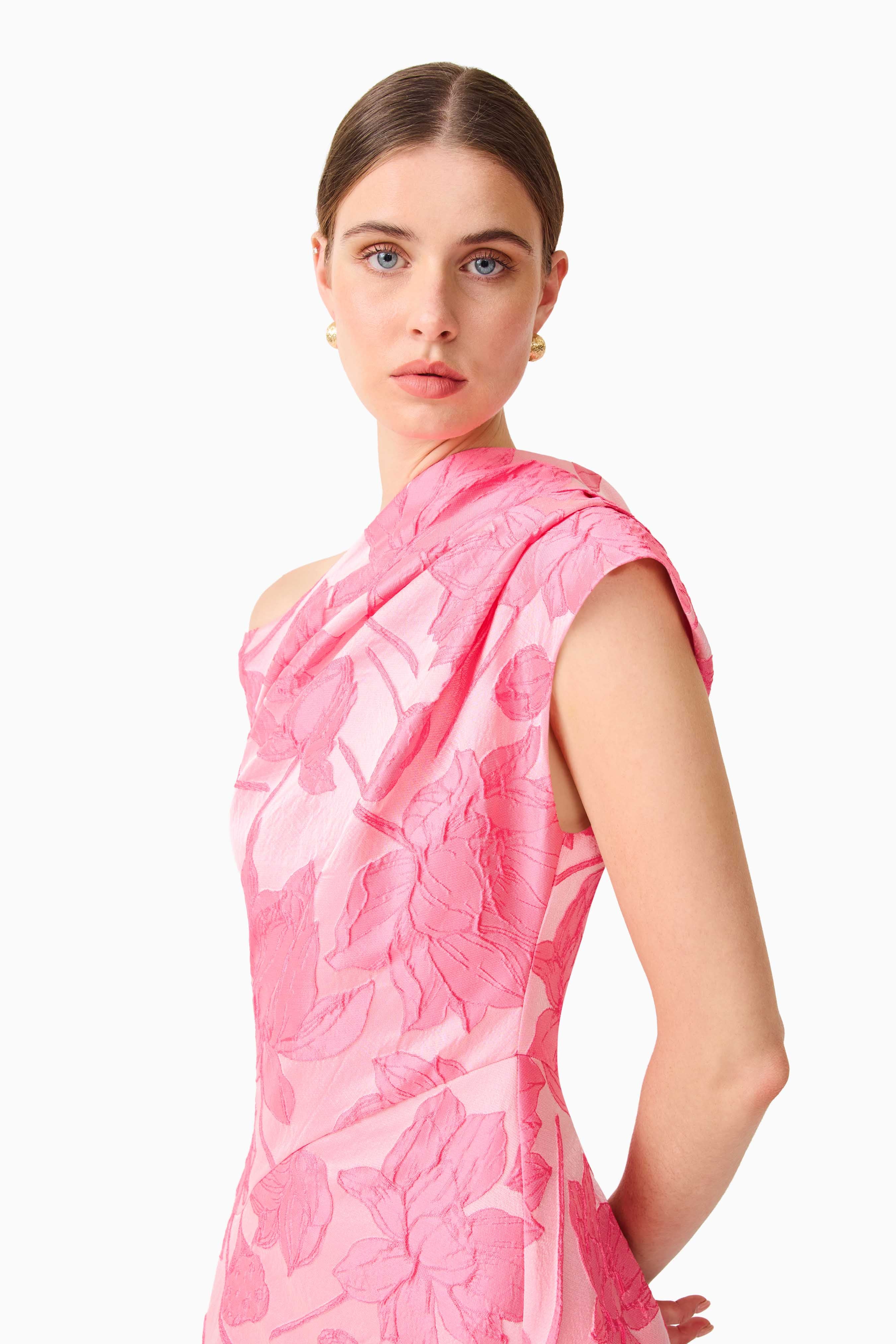 Dionne Asymmetrical Maxi Gown in Pink Floral