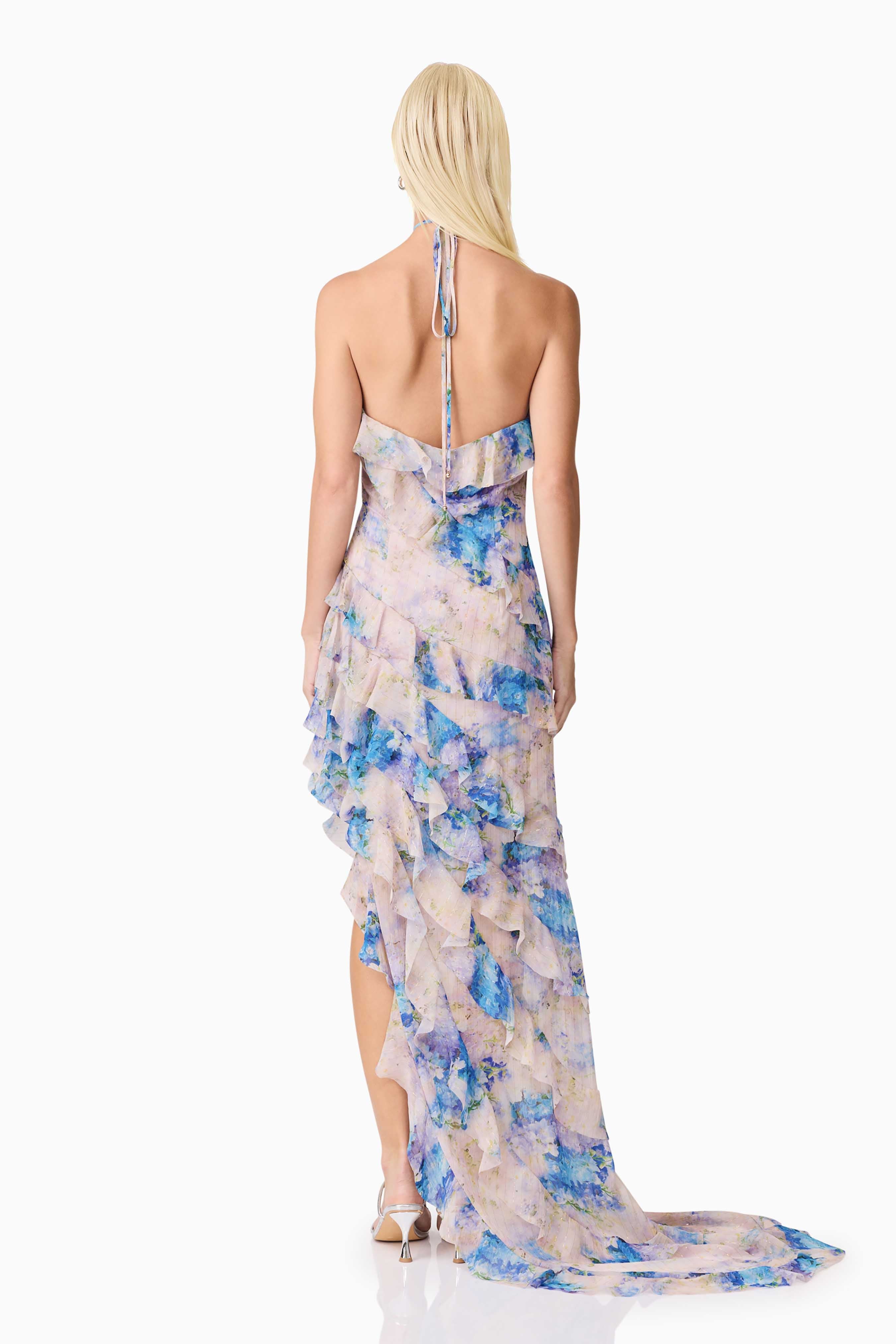 Briony Asymmetrical Maxi Dress in Pink & Blue Floral