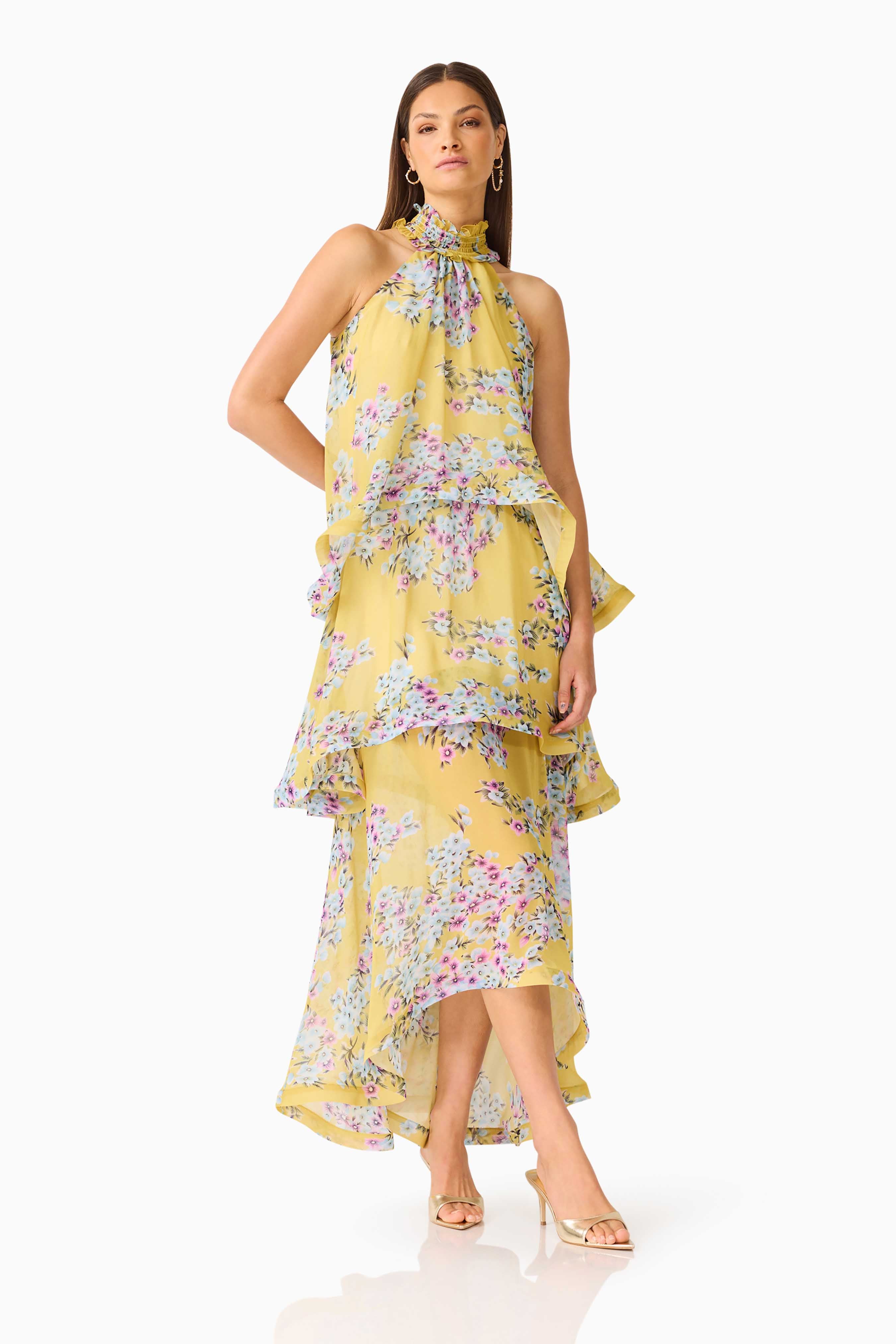 Briony Tiered Gown in Yellow Floral