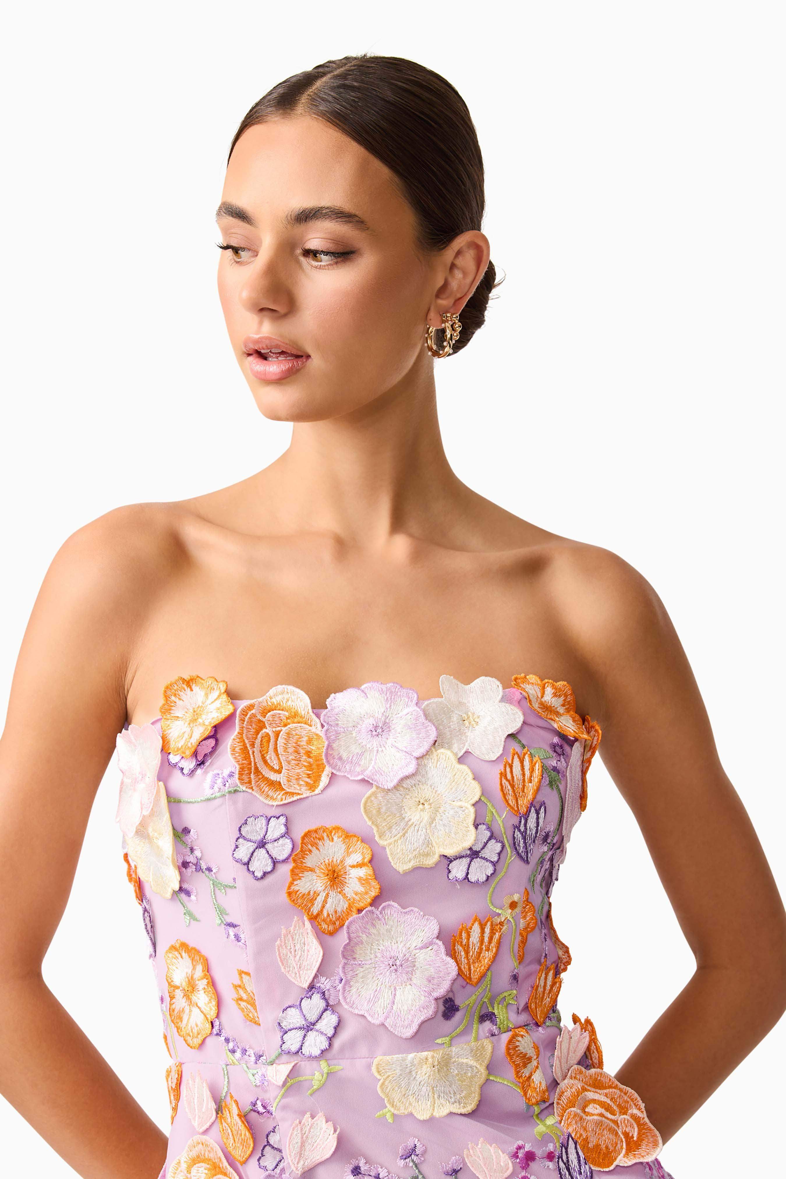 Arabella Strapless Floral Mini Dress in Orange & Purple