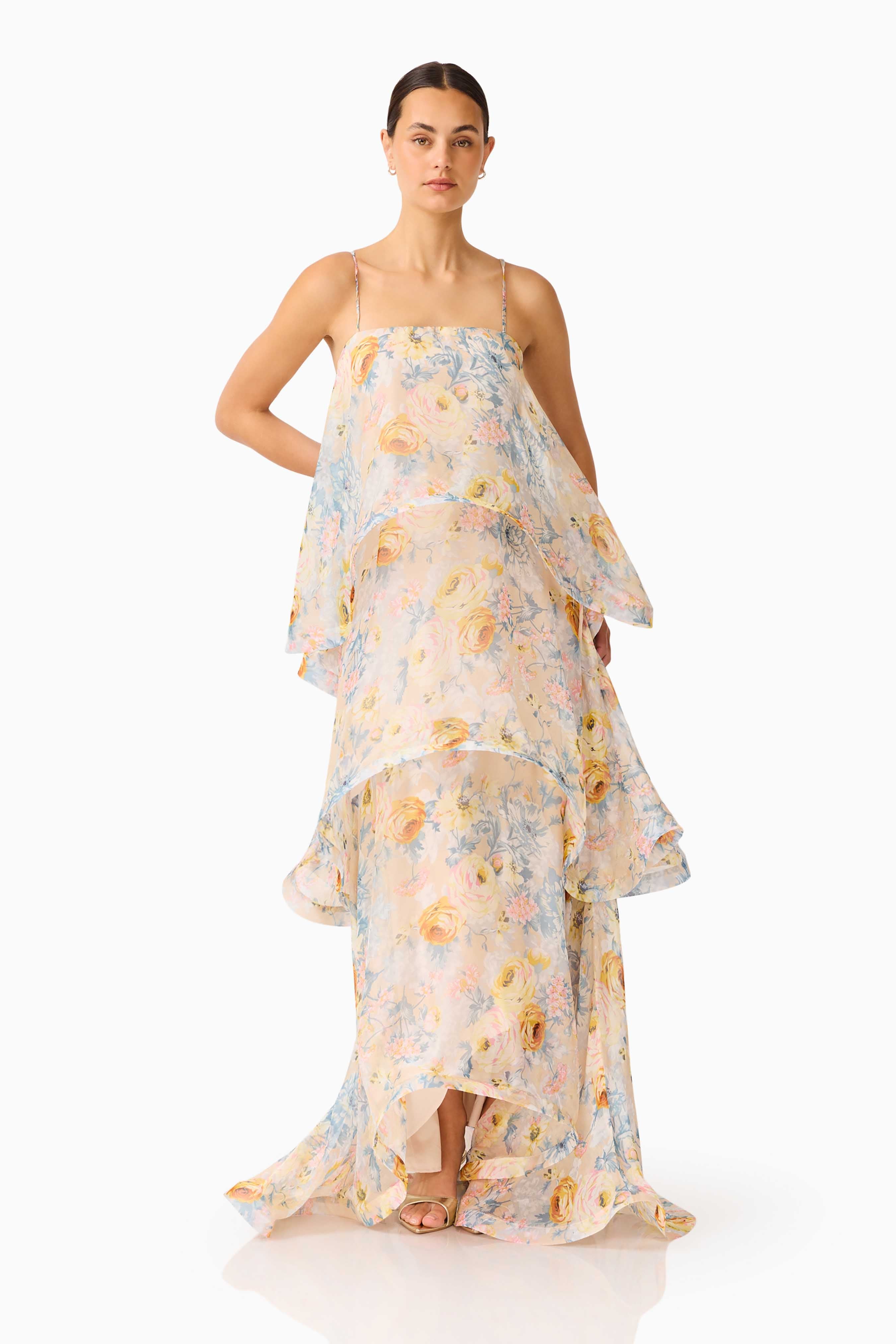 Armani Tiered Maxi Dress in Yellow Floral