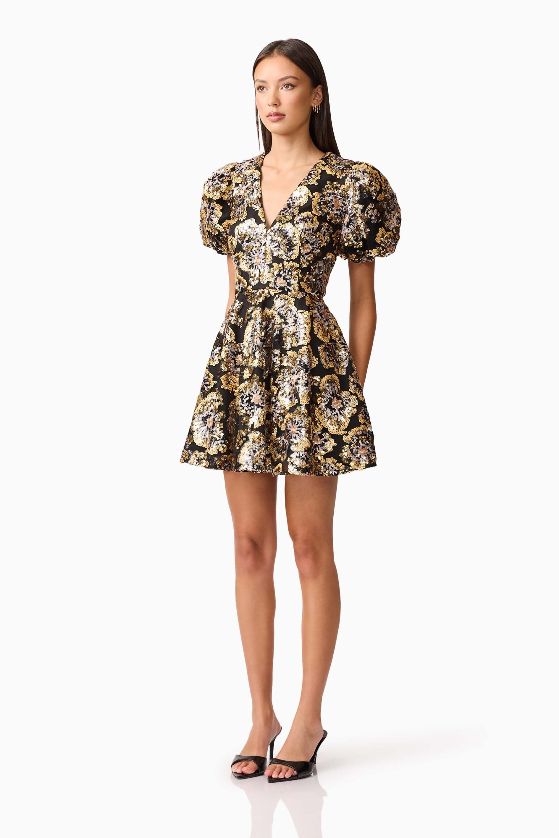 Celeste Puff Sleeve Mini Dress in Black and Gold