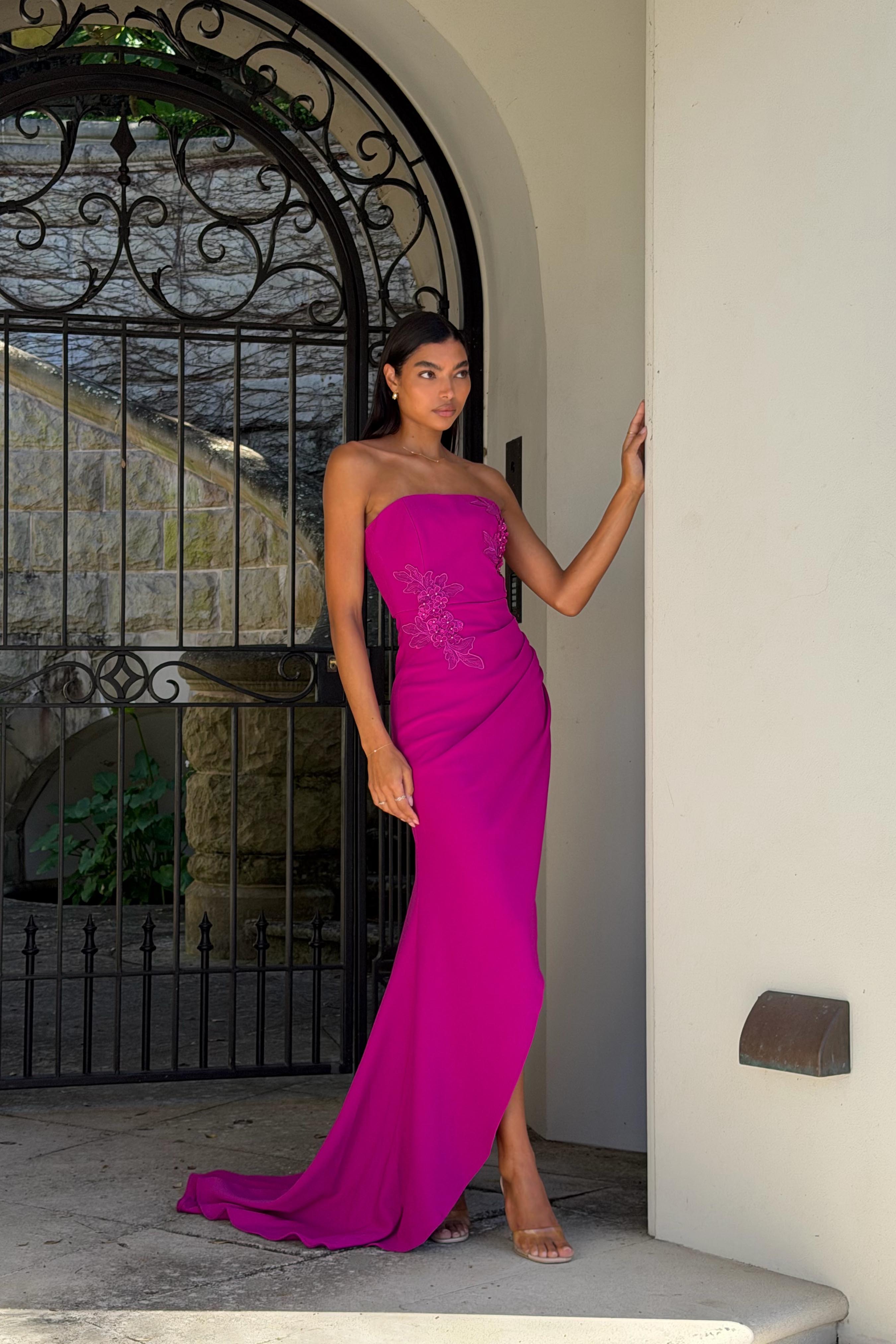 Dahlira Asymmetrical Gown in Orchid Pink